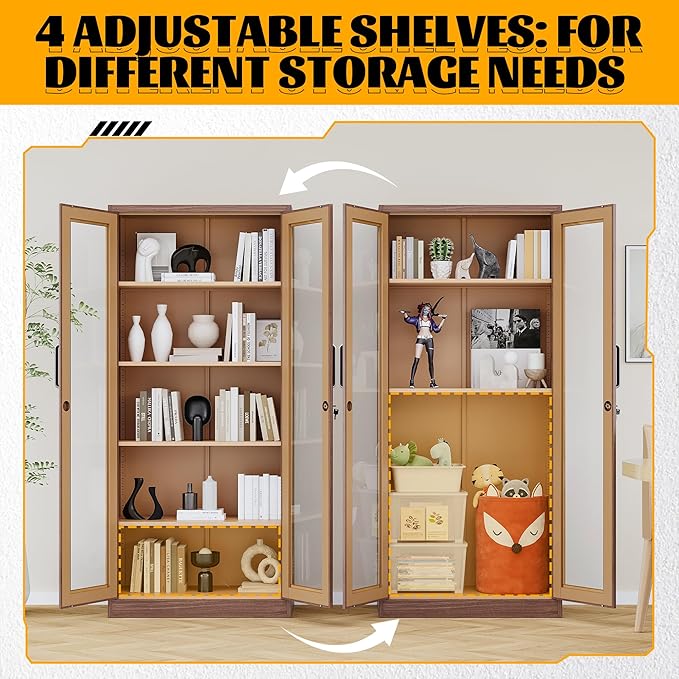 Metal Storage Cabinet with Lock and Glass Doors,Glass Display Cabinet,Tall Storage Cabinets,Locking Curio Cabinets with 5 Shelves for Collectibles,Home,Office,Living Room