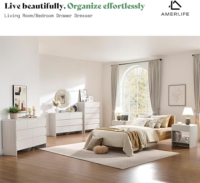 AMERLIFE 6 Drawer Dresser for Bedroom, 49" Long Modern Chest of Storage Drawers with Rounded Corners, Anti-Tip Kit, Wood Cabinet Organizer for Closet, Living Room, Nursery, Easy Assembly, White