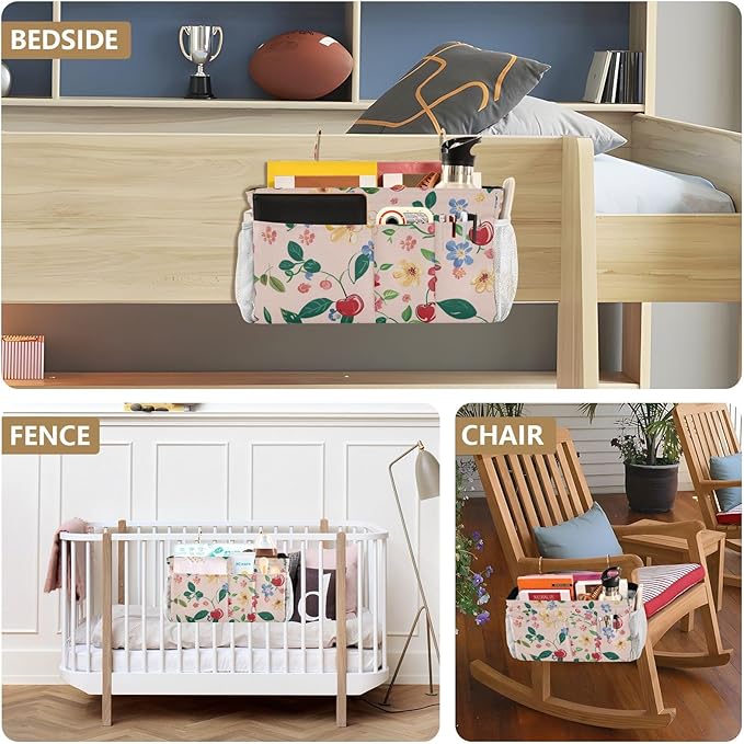 Cute Cherry Blue Flowers Bedside Caddy for Dorm Bed Bedside Hanging Caddy Bag Iron Frame Storage Organizer Pocket for Bunk Home College Hospital Beds 2 Hooks
