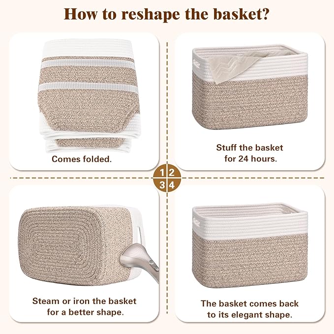 Storage Baskets for Organizing, 4 Pack Storage Baskets for Shelves, Woven Basket for Shelves, Closet Organization, Rectangle Organizer Basket Gifts Empty, 13"Lx8.7"Wx7.9"H Decorative Bins with Handles