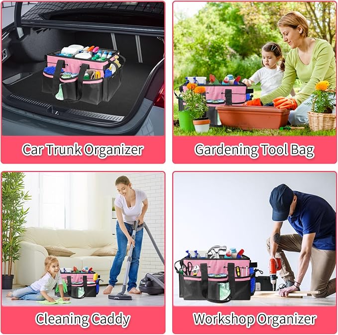 Boczif Cleaning Caddy Bag Wearable, Cleaning Caddy Supplies Organizer with Handle, Shoulder Straps & Detachable Divide, Cleaning Tool Organizers Tote Bag for Cleaners & Housekeepers(Pink)