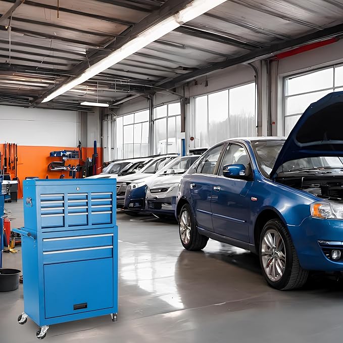 Tool Chest, 8-Drawer Rolling Tool Storage Cabinet with 2 in 1 Detachable Top Tool Box, Liner, Lockable Wheels, Side Hooks, Metal Tool Cart for Garage (8-Drawer Blue)