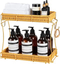 Bathroom Organizer Countertop Perfume Organizer Makeup Organizer Cosmetics Storage Display Rack Vanity Tray, Handwoven Imitation Rattan Tray Perfume Holder for Dresser, Kitchen, Counter (Gold)
