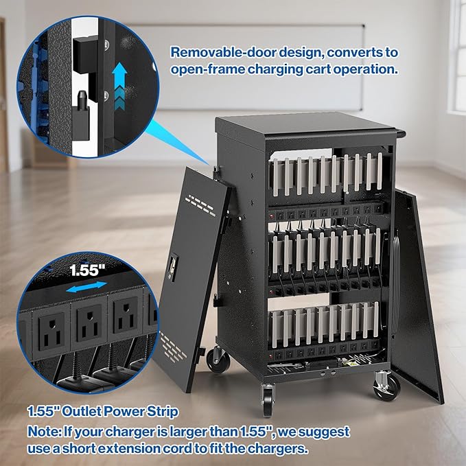 POCHAR Fully Assembled 30 Unit Device Charging Station for Chromebook, iPad, 14'' Laptop - Charging Cart with Charger Cable Management, Circuit Breaker, Grounding Protection