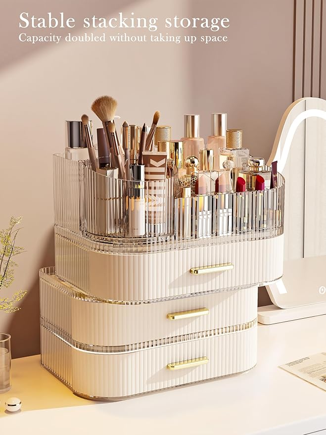 360° Rotating Makeup Organizer with Drawer, Clear Acrylic Cosmetic Storage Display, Stackable Beauty Counter (Clear, Large (Tray + 1 Drawer))