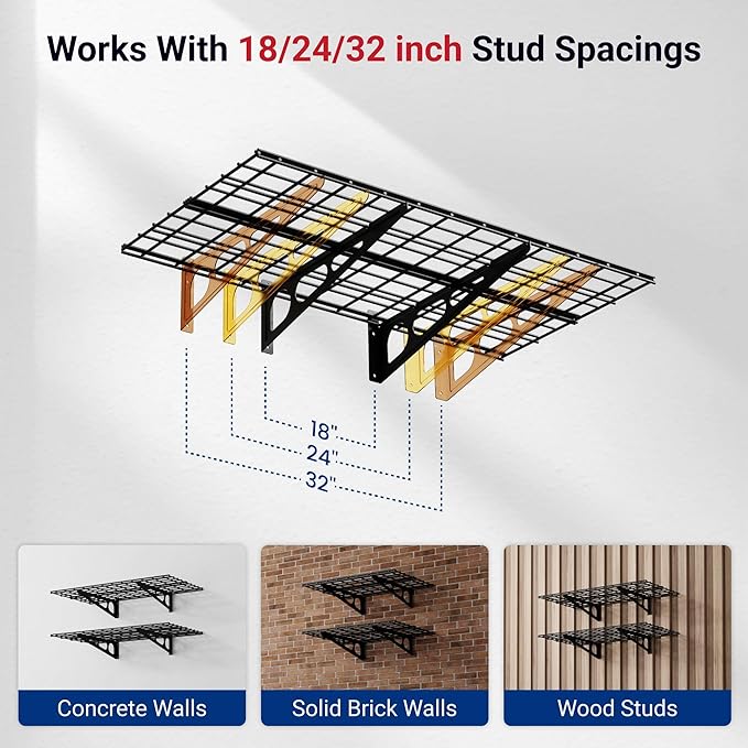 FLEXIMOUNTS 4-Pack 2x4ft 24-inch-by-48-inch Wall Shelf Garage Storage Rack Wall Mounted Floating Shelves, Total 1200lbs Capacity, Black, Classic Series