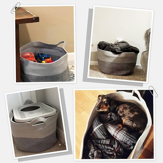 INDRESSME Extra Large Laundry Basket, Cotton Rope Blanket Basket for Nursery Living Room, Decorative Woven Storage Basket with Handles for Dirty Clothes, Toy Bin For Dog Toys, 21.7 x 13.8 inches, Grey
