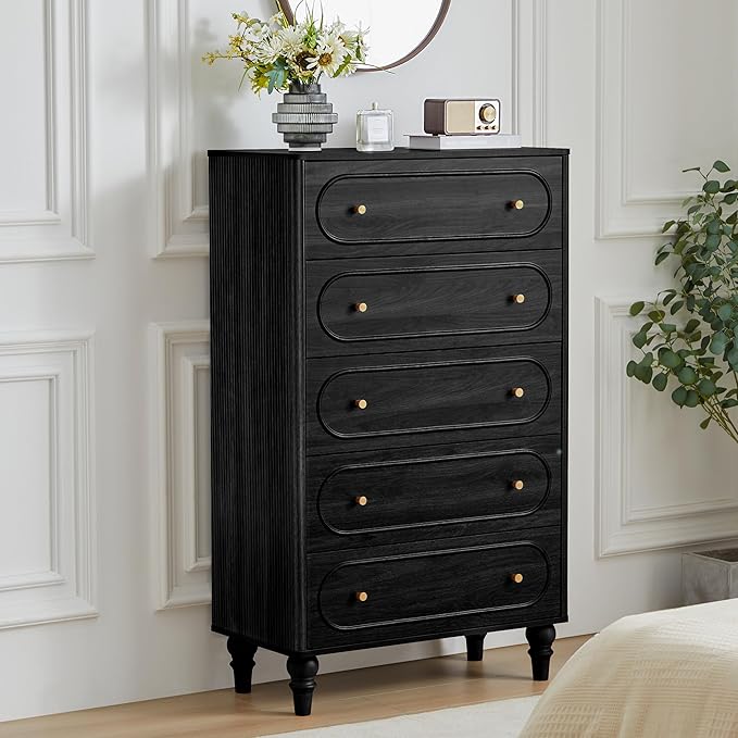 ORRD 5 Drawer Fluted Dresser for Bedroom, Mid Century Modern Chest of Drawers, Wood Storage Large Dresser Organizer for Bedroom Living Room Hallway Closet, Black