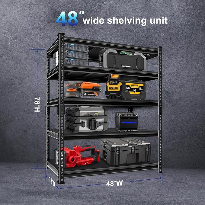 Heavy Duty Garage Shelves - 48''W 2,500Lbs Steel Metal Adjustable Utility Industrial Storage Shelving Rack Units for Warehouse Basement 5 Tier Black 47.2" W x 17.7" D x 78" H