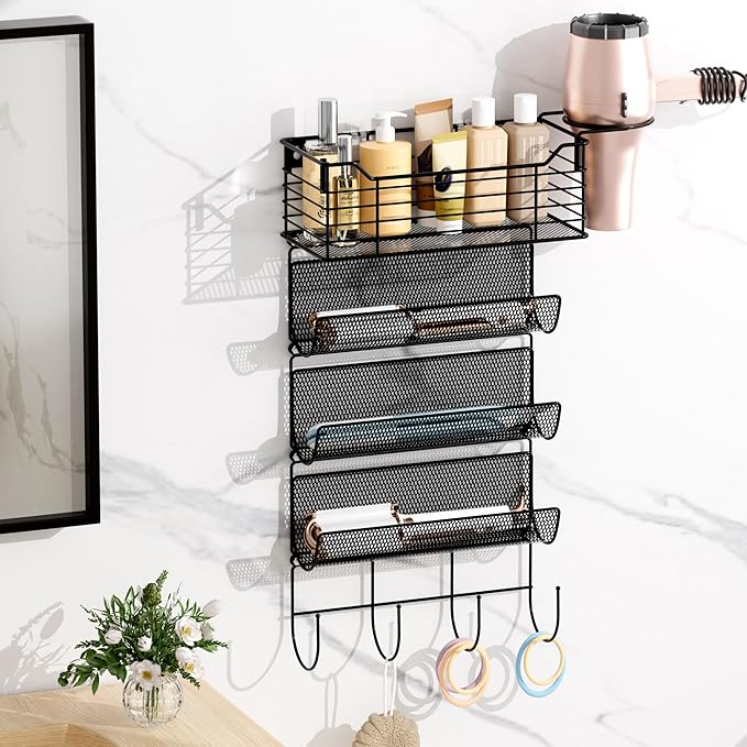 VITVITI Metal Hair Tool Organizer Wall Mount, Hair Dryer Holder with 4 Tier Shelf Basket Hooks, Bathroom Styling Tool Organizer for Curling Iron/Blow Dryer/Straightener, Matte Black