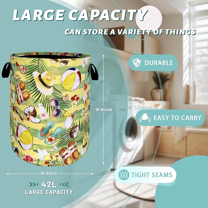 Happy Summer Time Laundry Hamper With Handles Foldable Oxford Cloth Tote Bag Colorful Hawaii Beach Funny Laundry Basket Clothe Toy Storage Bucket 18.9"x16.5"For Bathroom/Laundry/Bedroom