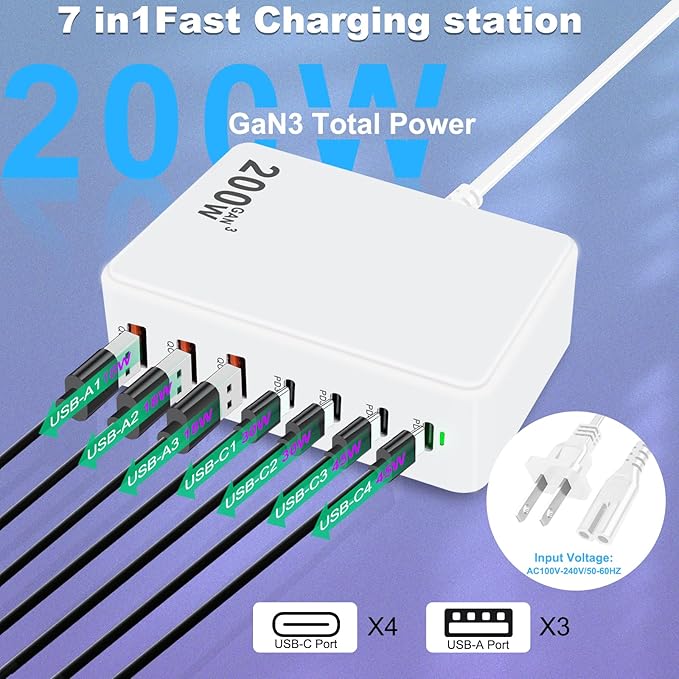 USB C Charger 200W USB C Charger Block, Upgraded GaN 7-Port Fast Charging Station Hub, Laptop Charger Adapter, Compatible with MacBookAir/Pro, DELL, iPhone16/15, iPad, Steam (White)