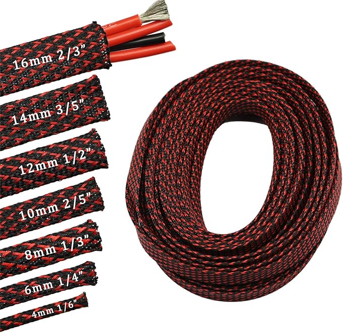 30ft PET Expandable Sleeving Wire Cable Sleeve (1/6", Red&Black)