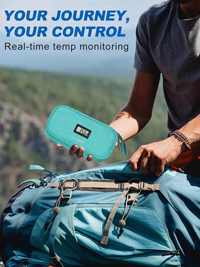 Insulin Cooler Travel Case, TSA Approved Refrigerated Medicine Travel Bag with Protective Ice Brick, Temperature Display Diabetic Medication Cooling Bag for Pen & Vials (Green)