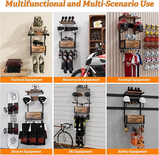 Motorcycle Helmet Holder Wall Mounted, Helmet Holder Wall Mount with Helmets Rack and Hooks for for 6 Helmets, Riding Suits & Accessories, Sturdy Construction Storage Organizer for Entryway or Garage