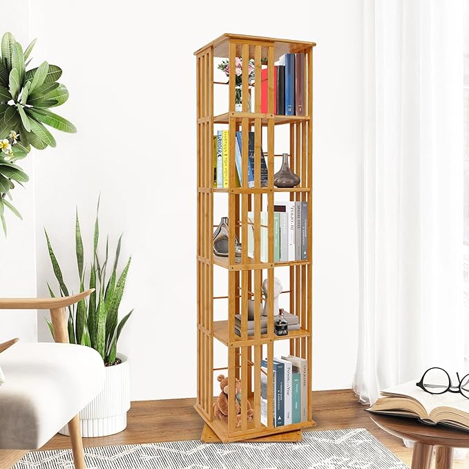 Rotating Bookshelf 5-Tier, 14.57x14.57x59.06in Floor Standing Book Storage Display Rack, Multi-Tiered Organizer for Books, Wood Color Rotatable Bookshelf for Study Rooms, Bedrooms, Living Rooms