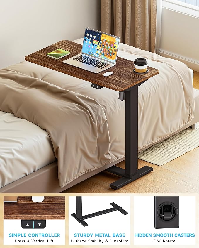 BIZUM Small Electric Standing Desk Bedside Table with Hidden Wheels 31.5 x 15.8 Inch Adjustable Computer Laptop Office Desk, Walnut
