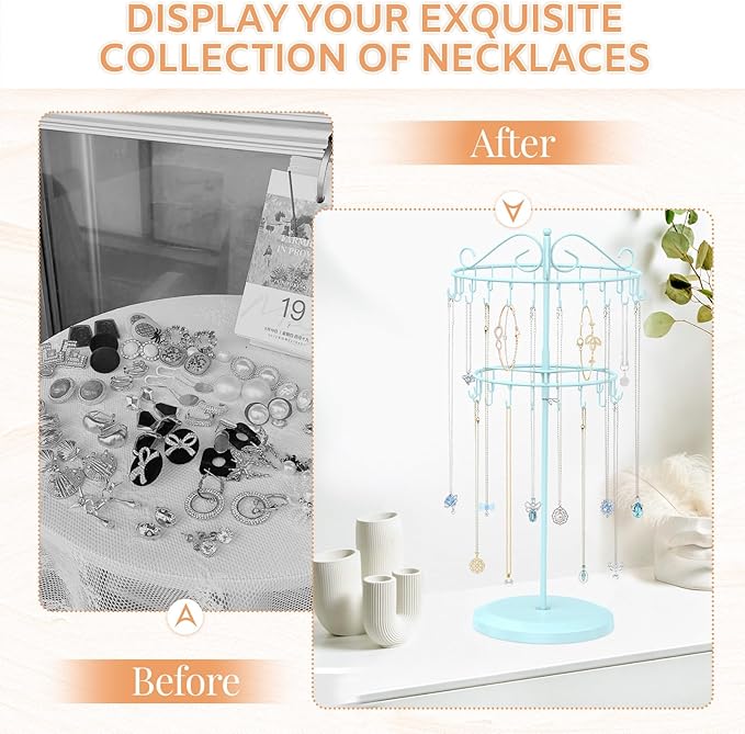 iDavosic.ly 2 Tier Rotating Necklace Holder Organizer with 42 Hooks, Adjustable Metal Bracelet Display Stand Rack, Extra Tall Keychain Spinning Tree Tower for Women, Blue