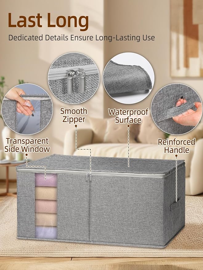 90L King Size Comforter Storage Bags with Rigid Panel,Large Blanket Storage Organizer for Closet,Bedding Sets Stackable Container with Clear Window & Smooth Zippers,Foldable Clothing Storage Bin,2Pack
