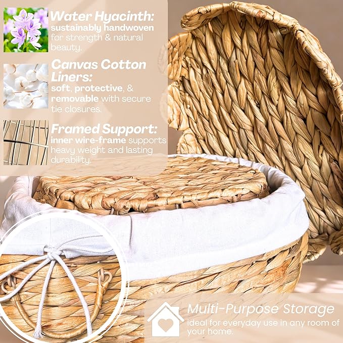 Set of 2 Round Wicker Baskets with Scalloped Lids, Handles, Removable Liners - Decorative Handwoven Water Hyacinth Baskets for Organization of Home, Kitchen, Closet, Pantry, Bathroom, Bread Basket