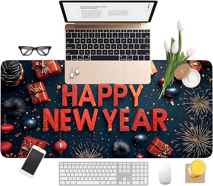 Happy New Year Gaming Mouse Pad 35.4"x15.7"Desk Mat Anti-Slip Rubber Base & Durable Stitched Edges for Gamers Smooth Mouse Writing Surface for Desk Office/Home