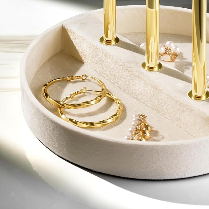Bracelet Holder Jewelry Organizer Display - 3 Tier T Bar Velvet Stand, Beige Necklace Holder Organizer, Bracelet Holder, Earring Holder and Ring Display for Jewelry Organizers and Storage