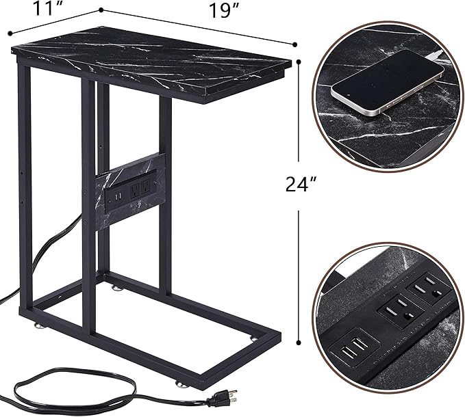 VECELO C Shaped End Side Table with Charging Station & Power Outlets for Couch Sofa/Bed, Snack TV Tray with Metal Frame for Living Room Bedroom 1 PCS, Black Marble