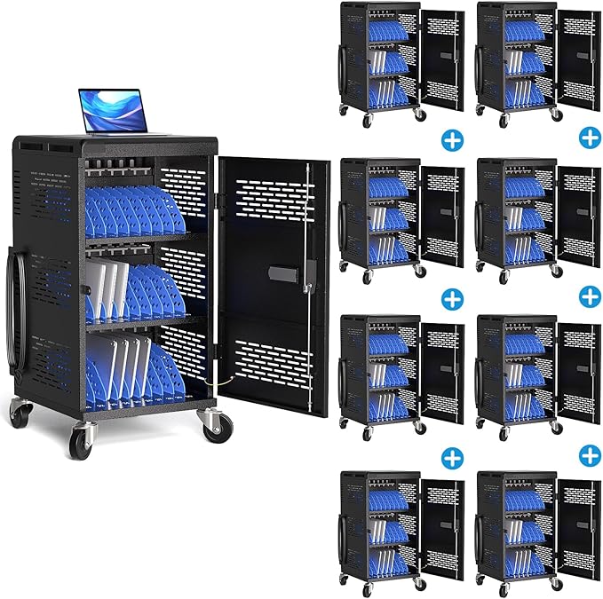 8 Pack | Fully Assembled 30 Bay Multi Device Charging Station for Chromebook,iPad,14'' Laptop,Pre Built Computer Charging Cart with Charger Cable Management,Circuit Breaker,Grounding Protection(Black)