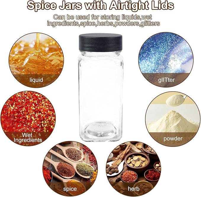 36Pcs Spice Jars Containers with Labels，4oz Black Seasoning Bottles with Shaker Lids for Rack, Cabinet, Drawer,Empty Square Condiment Pots (36, Black)
