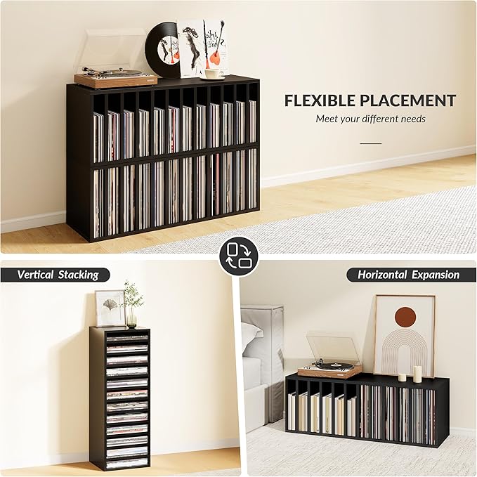 IOTXY DIY Modular Cube Bookcase - CubeXY Customizable Stackable Expandable Basic Shelving Units, 12-Cube Wooden Open Bookshelf with Removable Shelves for Vinyl Record Storage Organizer, Black