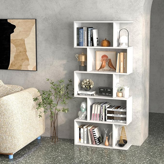 5-Tier Geometric Bookcase Set of 2, 62.5” Freestanding Room Divider Bookshelf with Open Display Shelves & Anti-tip Device, Wood S-Shaped Storage Organizer for Living Room, Bedroom & Home Office