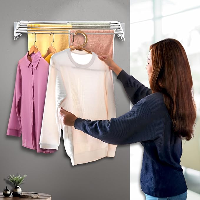 Wall Mounted Laundry Drying Rack, Retractable & Foldable, 31.5" Wide, 13.2 Linear Ft, 5 Heavy-Duty Aluminum Rods, 60 lb Capacity, Space-Saving Design, Easy Installation, Indoor/Outdoor (White)