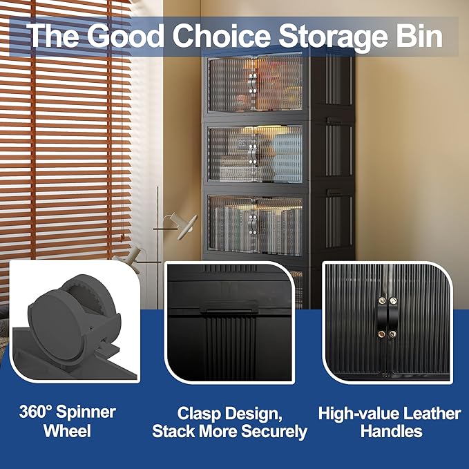 SAILUN 145Gal/580Qt Stackable Storage Bins Folding Collapsible Storage Bins with Lid, Closet Organizers and Storage, Storage Box with Door Black 26" W x 17" D x 71" H