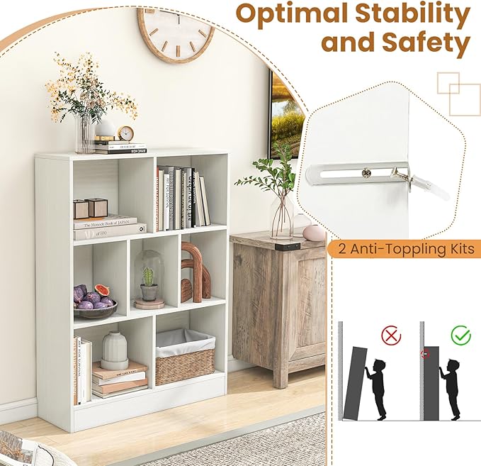 Giantex 7 Cube Bookcase, 4-Tier Freestanding Bookshelf w/ 7 Open Compartments, 2 Anti-Tipping Kits, Modern Display Cabinet, 41" Wood Cubby Storage Organizer for Living Room, Bedroom, White