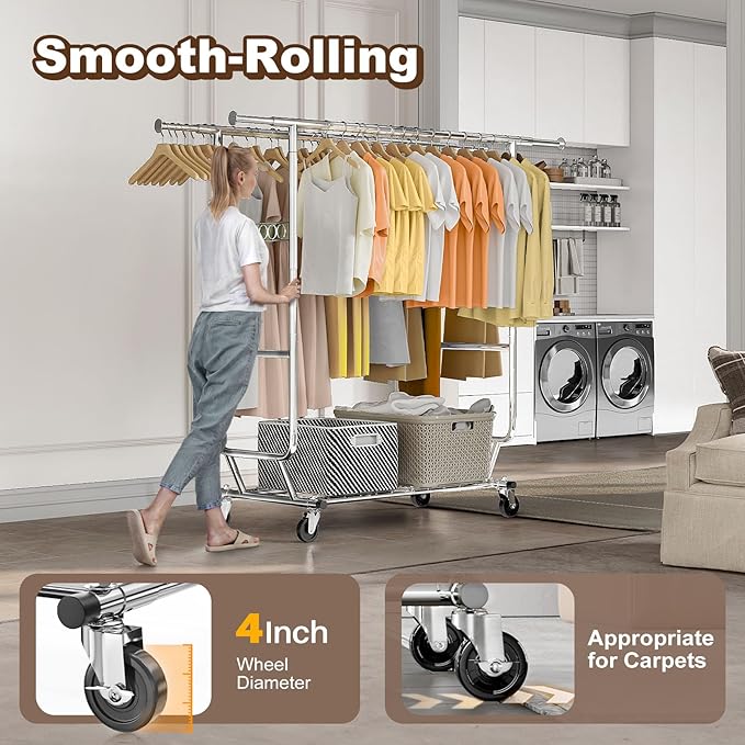 HOKEEPER 600 lbs Commercial Clothing Garment Rack with Shelves Clothing Racks on Wheels Rolling Closet Clothes Rack Heavy Duty Portable Collapsible Adjustable, Chrome Finish
