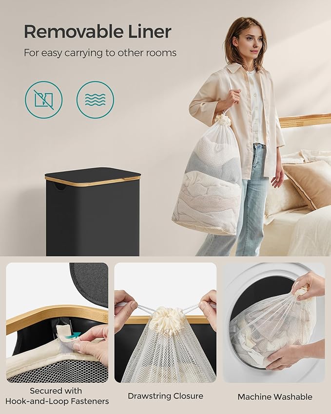 SONGMICS Laundry Hamper with Lid, Large Laundry Basket, 23.8 Gallons (90L), Removable Mesh Liner, Bamboo Handles, Collapsible, 16.5 x 12.6 x 27.8 Inches, Ink Black ULCB509B01