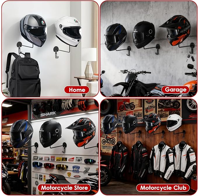 Helmet Holder Wall Mount, 4 Pack Metal Motorcycle Helmet Holder with Hooks Multifunctional Helmet Storage Rack for Helmets, Hats, Jackets