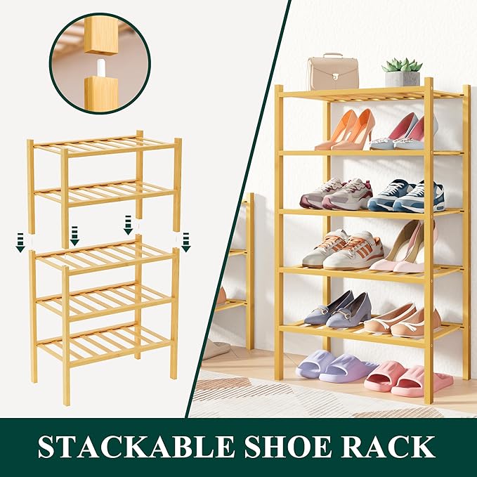 Smiry Bamboo Shoe Rack for Closet, 3 Tier Small Wooden Stackable Shoe Organizer, Free Standing Shoes Storage Shelf for Entryway, Front Door Entrance, Natural