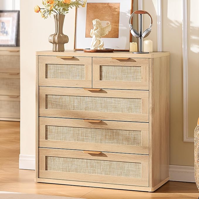 LEYAOYAO Rattan Dresser for Bedroom, 33.5" Tall Chest of Drawers, Modern 5 Drawers Boho Dressers with Storage, Light Oak Dresser Wooden Closet Organizer for Living Room, Hallway, Natural Wood