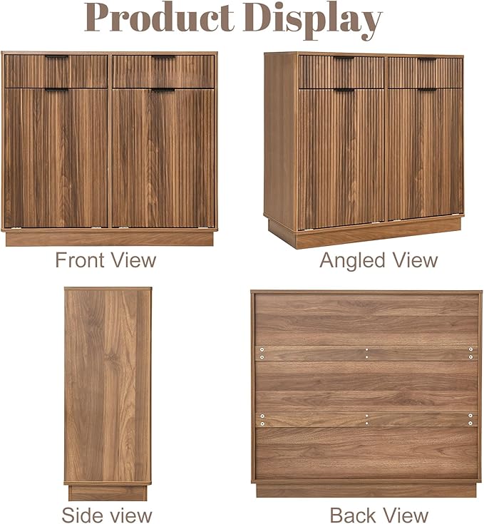 Double Tilt Out Trash Can Cabinet, Laundry Hamper Cabinet with 2 Drawers, Trash Can Holder Cabinet, Wave-Textured Front, 2 × 10 Gallon, Walnut