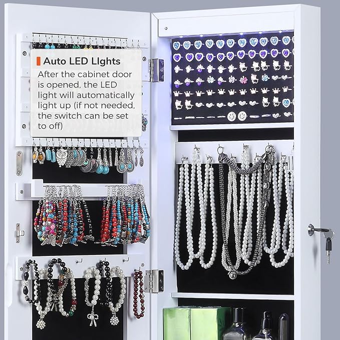 GISSAR Full Length Mirror Jewelry Cabinet, 6 LEDs Jewelry Armoire Wall Mounted Over The Door Hanging, Jewelry Organizer Display Storage Furniture with Lights Locker Mirrored Cabinet, 39.4" H, White