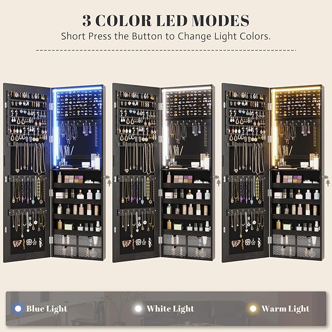 Vlsrka 47.2" LED Jewelry Armoire Organizer, Wall/Door Mounted with Full Length Mirror, Large Storage Hanging Cabinet, 4 Drawers, 5 Shelves, Built-in Lighted Mirror (Wood Black)