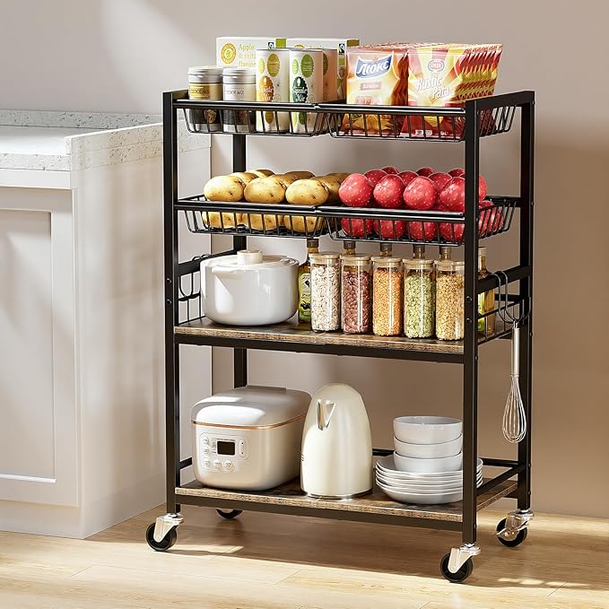 Kitchen Storage Cart, 4 Tier Utility Rolling Snack Cart, Fruit & Vegetables Basket Stand, Pantry Storage with 4 Detachable Mesh Basket for Kitchen, Bathroom, Living Room, Office, Balcony, Black