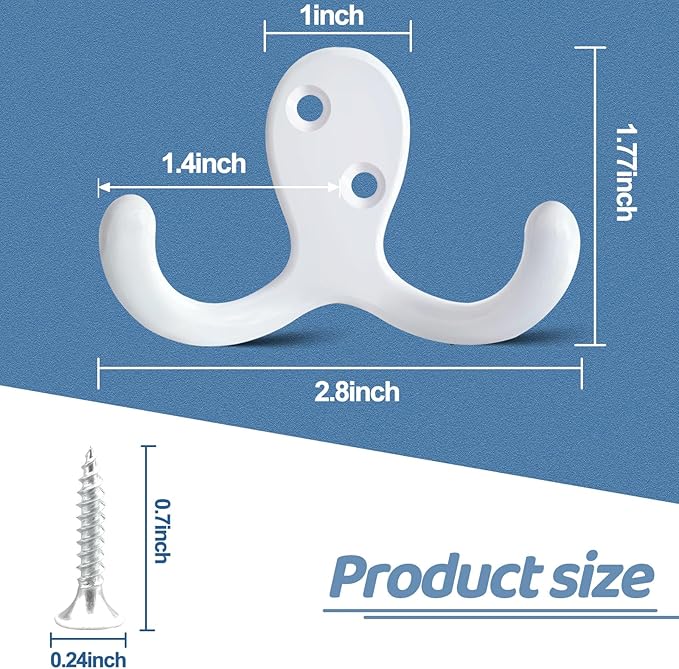 15Pack Coat Hooks Wall Hooks for Hanging, Heavy Duty Double Prong Metal Hook Wall Mounted for Living Room, Bathroom, Kitchen, Bedroom for Coat, Bag, Scarf, Towel, Hat, Key, Cup (White)