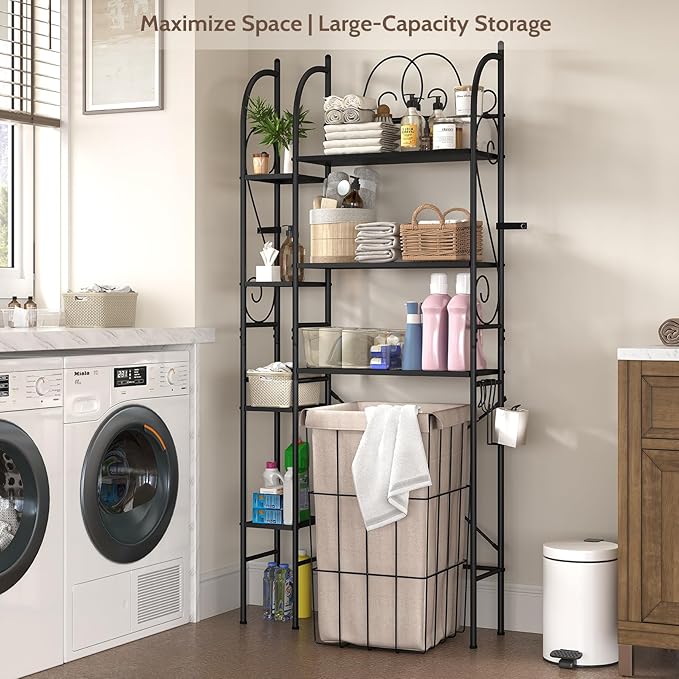 7-Tier Over the Toilet Storage Rack, Heavy-Duty Metal Bathroom Organizer with Adjustable Shelf, Toilet Paper Holder & Side Hooks, Space Saver for Small Bathrooms, Laundry Room & Apartments, Black
