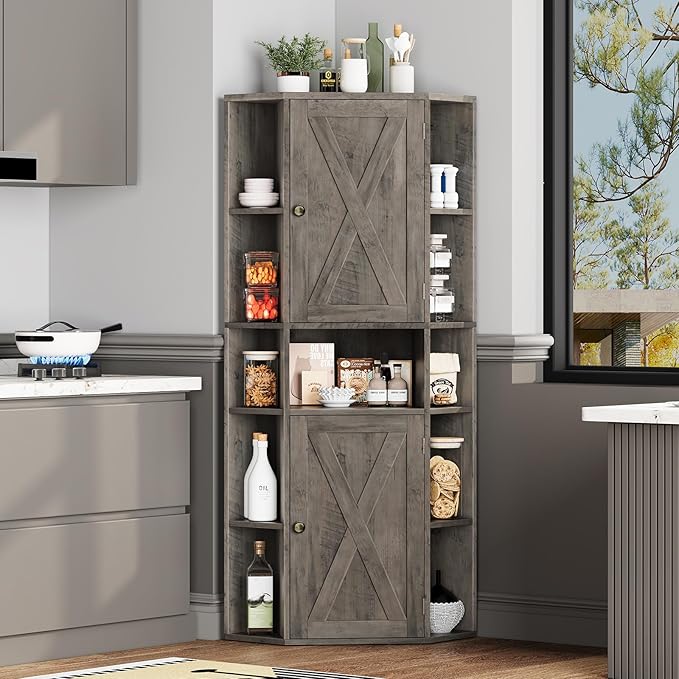 Farmhouse Corner Cabinet, Tall Corner Storage Cabinet with Barn Doors and Adjustable Shelves Wooden Display Bookshelf Pantry Cabinets Organizer Home Furniture for Bathroom, Living Room