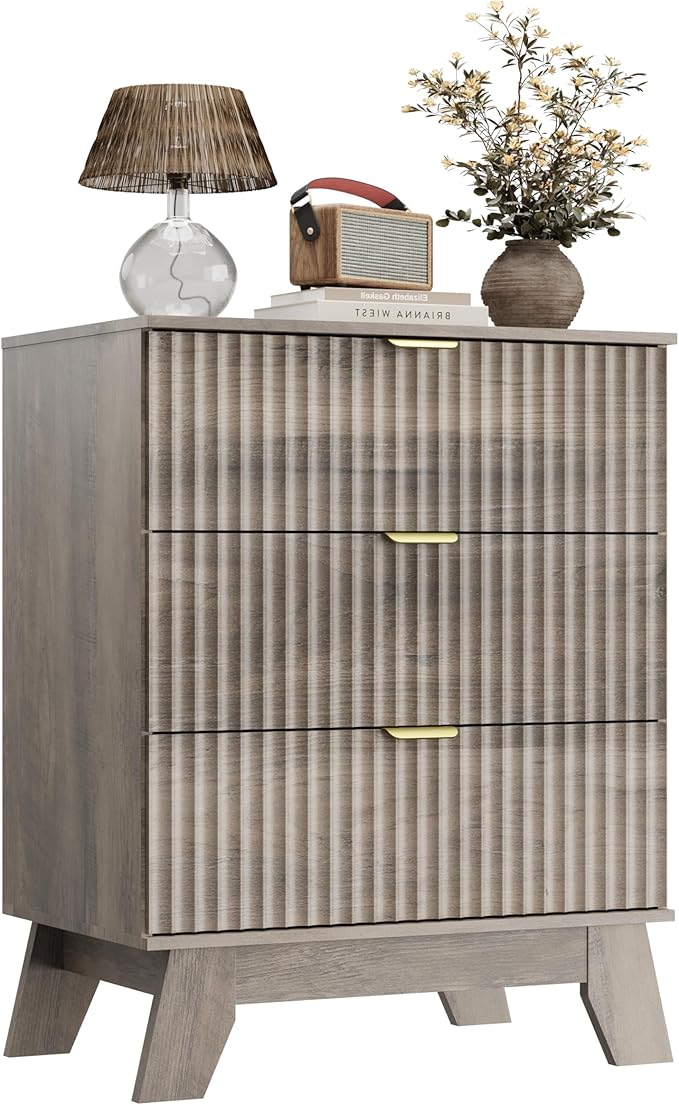 Night Stand Set 2, Bedside Table & End Table, Mid Century Modern Fluted Wood Nightstand with 3 Drawers & Metal Handles, Farmhouse Nightstand for Bedroom, Grey