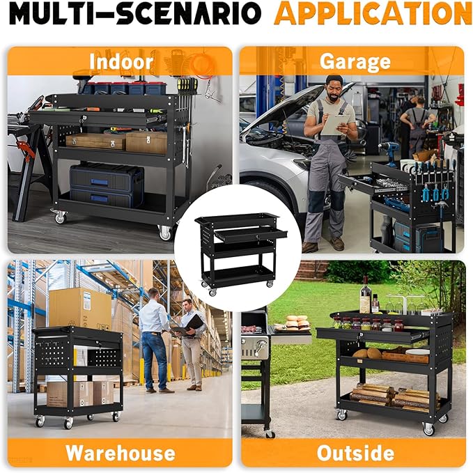 3 Tier Tool Cart on Wheels with Drawers - Three Tier Rolling Cart with Lockable Storage - Mechanic Tool Chest - Tool Chest with Wheels Used in Garage, Indoors, Workshop (Black)