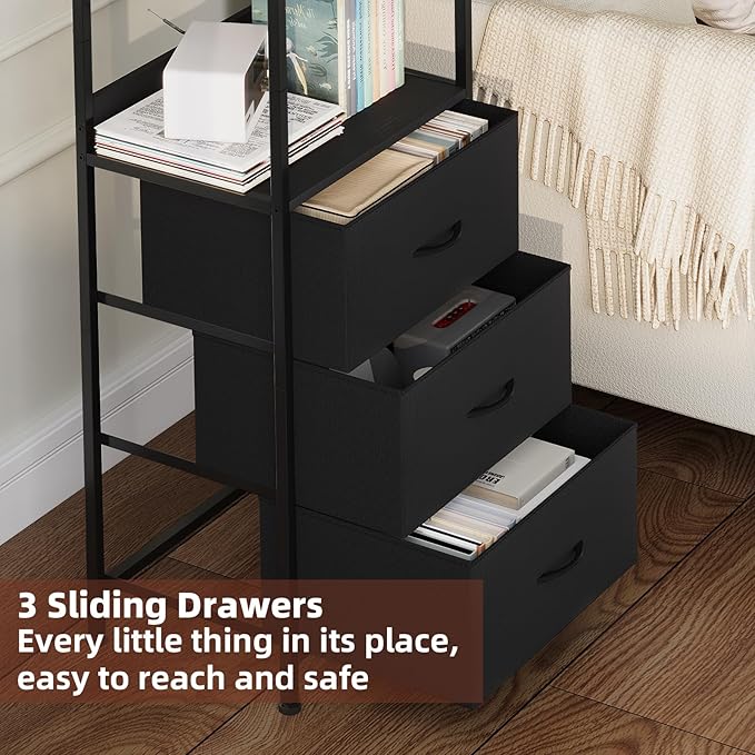 Somdot 3 Tier Bookshelf with Drawer, Tall Bookcase with Shelves, Bookshelf Desktop Organizer, Display Standing Shelf Units for Living Room, Bedroom, Study Room, Black