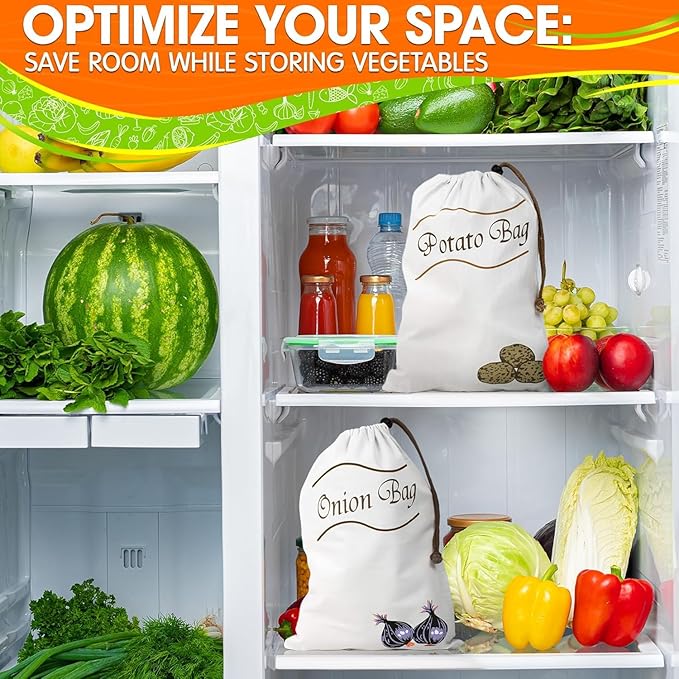 2Pcs Potato and Onion Storage Bags – Reusable Cotton Produce Bags with Black Lining and Side Zipper, Washable, Breathable & Light-Blocking Design for Storing Potatoes, Onions, Garlic & Root Vegetables